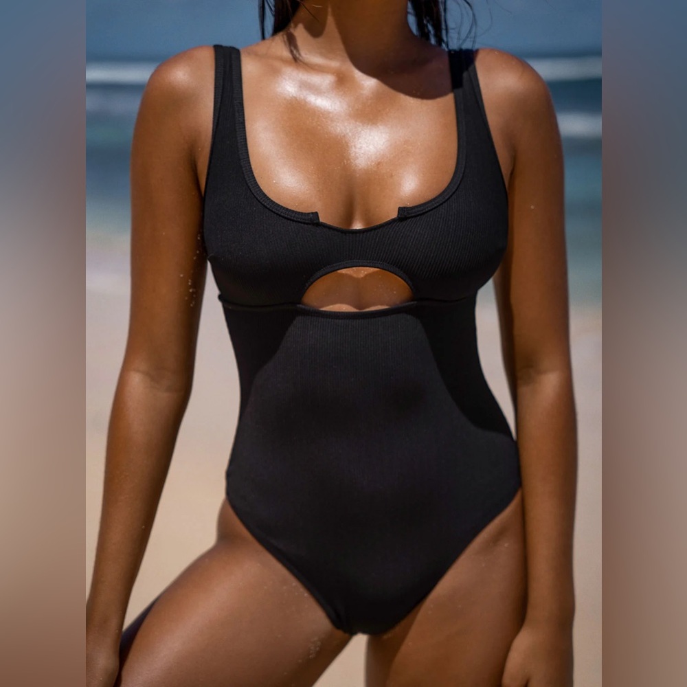 Ribbed Black Cutout One-Piece Swimsuit
